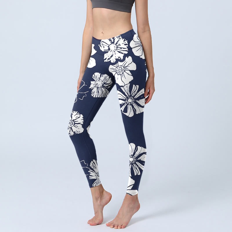 Buddha Stones, große weiße Blütenblätter, Pflanzen, Musterdruck, Gym-Leggings, Damen-Yogahose - Mitternachtsblau - US18， UK/AU22，EU50 (4XL) - image 1