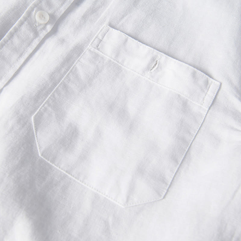 Buddha Stones Lässiges, tägliches, einfaches Knopfdesign, Stehkragen, kurzärmeliges Herrenhemd aus Baumwolle und Leinen mit Fronttaschen - image 5