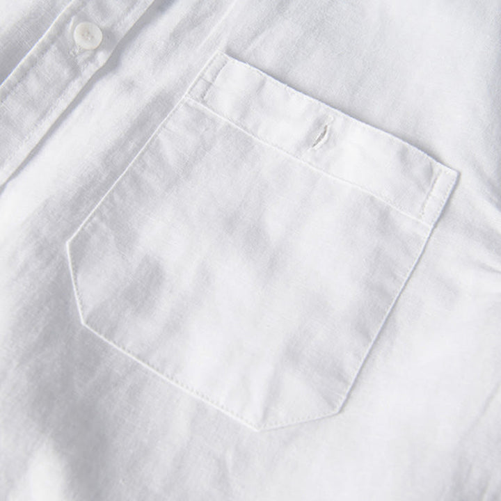 Buddha Stones Lässiges, tägliches, einfaches Knopfdesign, Stehkragen, kurzärmeliges Herrenhemd aus Baumwolle und Leinen mit Fronttaschen - image 5