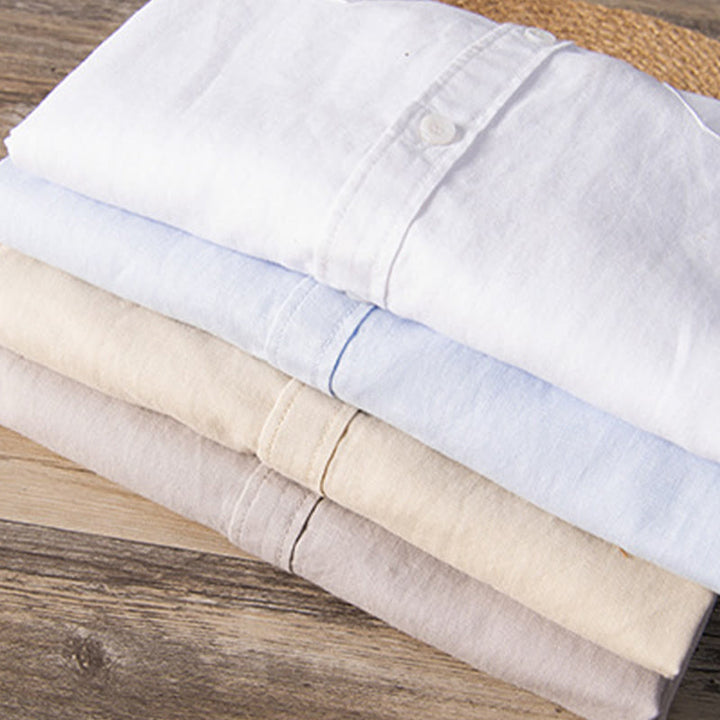 Buddha Stones Lässiges, tägliches, einfaches Knopfdesign, Stehkragen, kurzärmeliges Herrenhemd aus Baumwolle und Leinen mit Fronttaschen - image 18