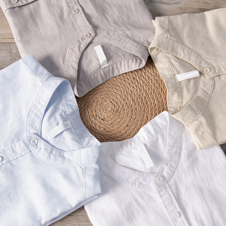 Buddha Stones Lässiges, tägliches, einfaches Knopfdesign, Stehkragen, kurzärmeliges Herrenhemd aus Baumwolle und Leinen mit Fronttaschen - image 19