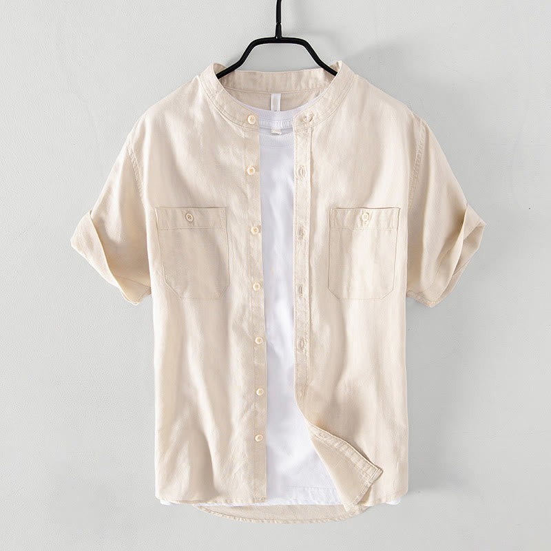 Buddha Stones Lässiges, tägliches, einfaches Knopfdesign, Stehkragen, kurzärmeliges Herrenhemd aus Baumwolle und Leinen mit Fronttaschen - Beige - US/UK/AU42, EU52 (3XL) - image 9