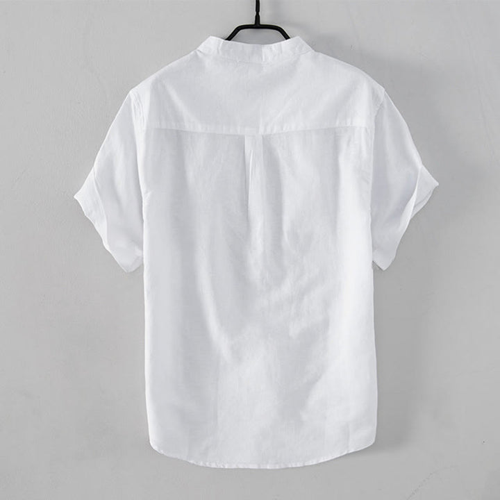 Buddha Stones Lässiges, tägliches, einfaches Knopfdesign, Stehkragen, kurzärmeliges Herrenhemd aus Baumwolle und Leinen mit Fronttaschen - image 2