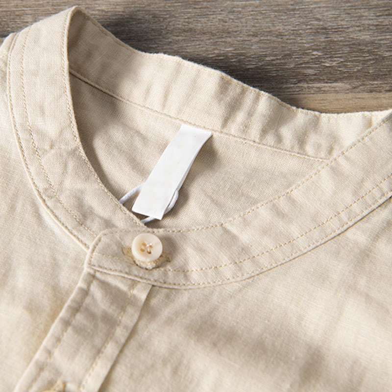 Buddha Stones Lässiges, tägliches, einfaches Knopfdesign, Stehkragen, kurzärmeliges Herrenhemd aus Baumwolle und Leinen mit Fronttaschen - image 10
