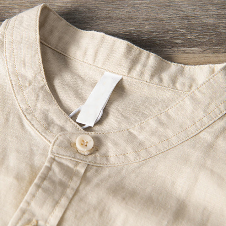 Buddha Stones Lässiges, tägliches, einfaches Knopfdesign, Stehkragen, kurzärmeliges Herrenhemd aus Baumwolle und Leinen mit Fronttaschen - image 10