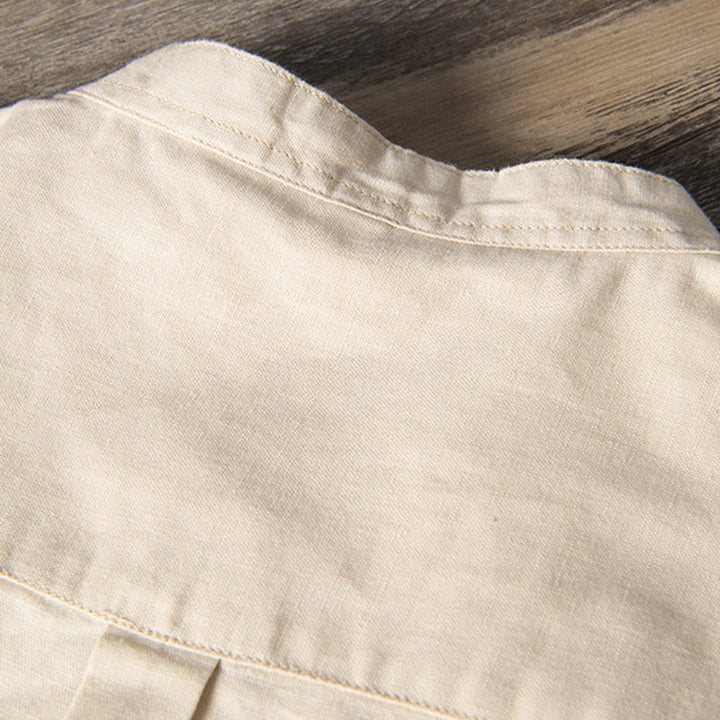 Buddha Stones Lässiges, tägliches, einfaches Knopfdesign, Stehkragen, kurzärmeliges Herrenhemd aus Baumwolle und Leinen mit Fronttaschen - image 11