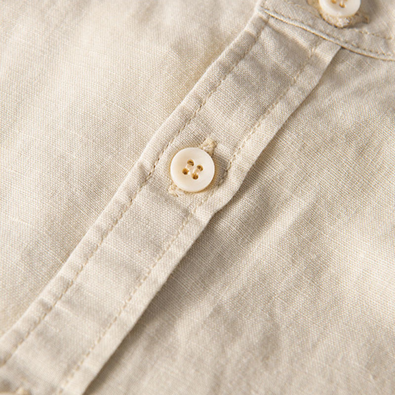 Buddha Stones Lässiges, tägliches, einfaches Knopfdesign, Stehkragen, kurzärmeliges Herrenhemd aus Baumwolle und Leinen mit Fronttaschen - image 12