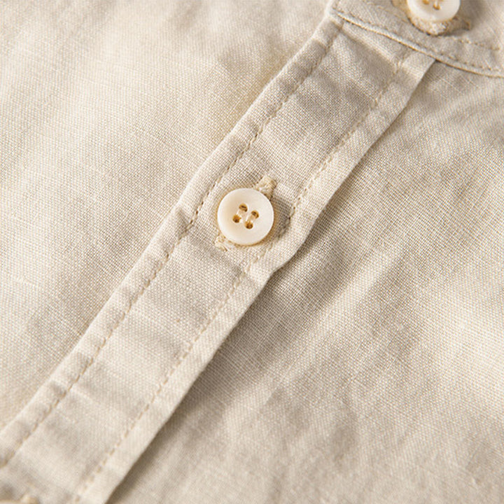 Buddha Stones Lässiges, tägliches, einfaches Knopfdesign, Stehkragen, kurzärmeliges Herrenhemd aus Baumwolle und Leinen mit Fronttaschen - image 12