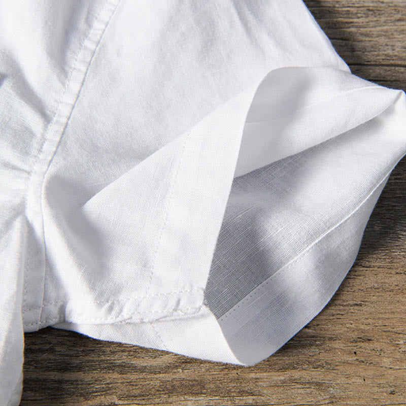 Buddha Stones Lässiges, tägliches, einfaches Knopfdesign, Stehkragen, kurzärmeliges Herrenhemd aus Baumwolle und Leinen mit Fronttaschen - image 6