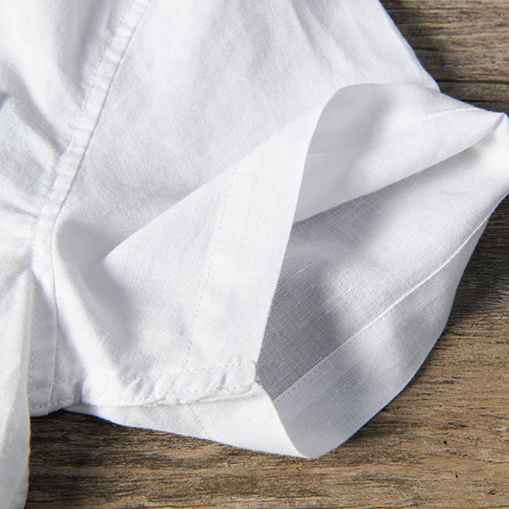 Buddha Stones Lässiges, tägliches, einfaches Knopfdesign, Stehkragen, kurzärmeliges Herrenhemd aus Baumwolle und Leinen mit Fronttaschen - image 6