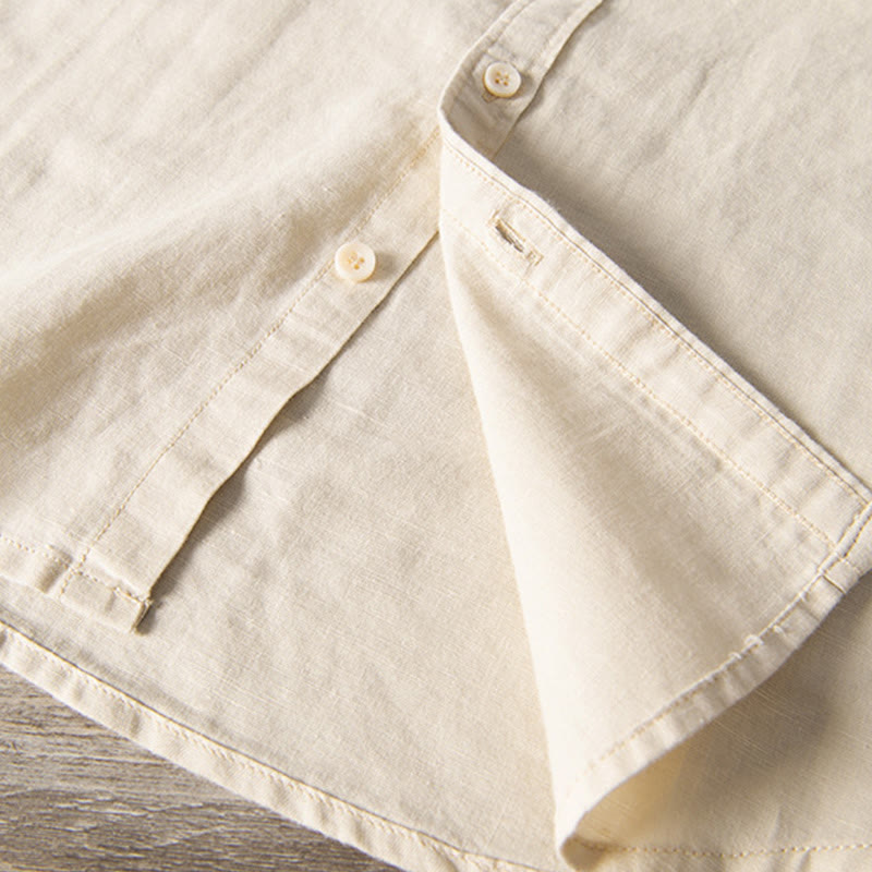 Buddha Stones Lässiges, tägliches, einfaches Knopfdesign, Stehkragen, kurzärmeliges Herrenhemd aus Baumwolle und Leinen mit Fronttaschen - image 16