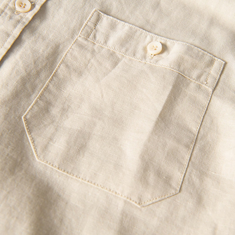 Buddha Stones Lässiges, tägliches, einfaches Knopfdesign, Stehkragen, kurzärmeliges Herrenhemd aus Baumwolle und Leinen mit Fronttaschen - image 13