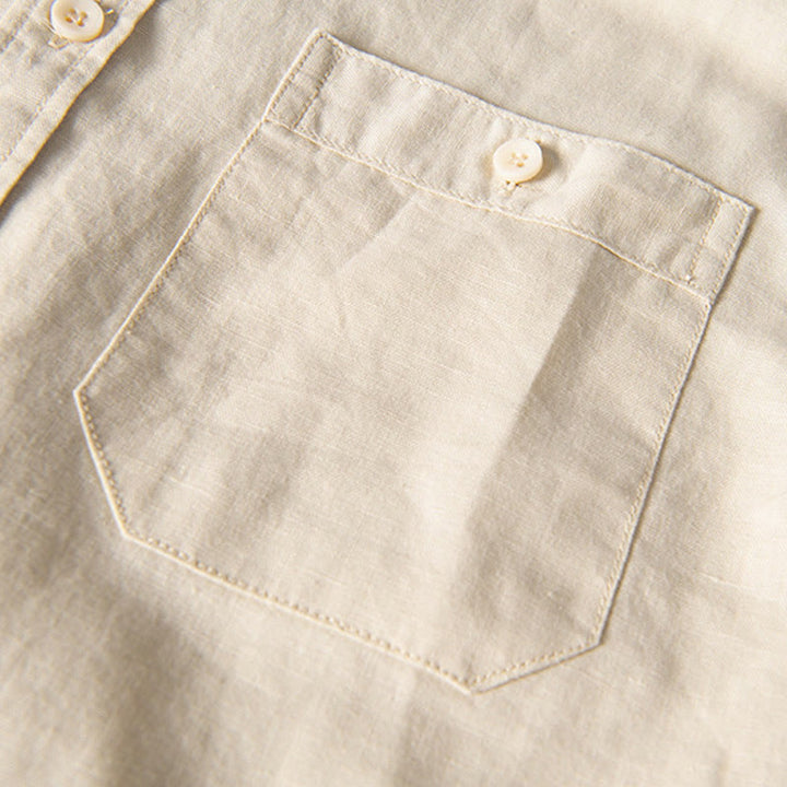 Buddha Stones Lässiges, tägliches, einfaches Knopfdesign, Stehkragen, kurzärmeliges Herrenhemd aus Baumwolle und Leinen mit Fronttaschen - image 13