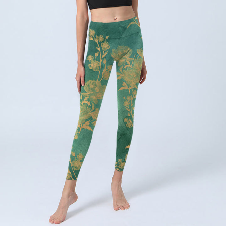 Buddha Stones, grüner Hintergrund, goldene Zweige, Pfingstrosen-Blumen, Musterdruck, Gym-Leggings für Damen, Yoga-Hose - image 5