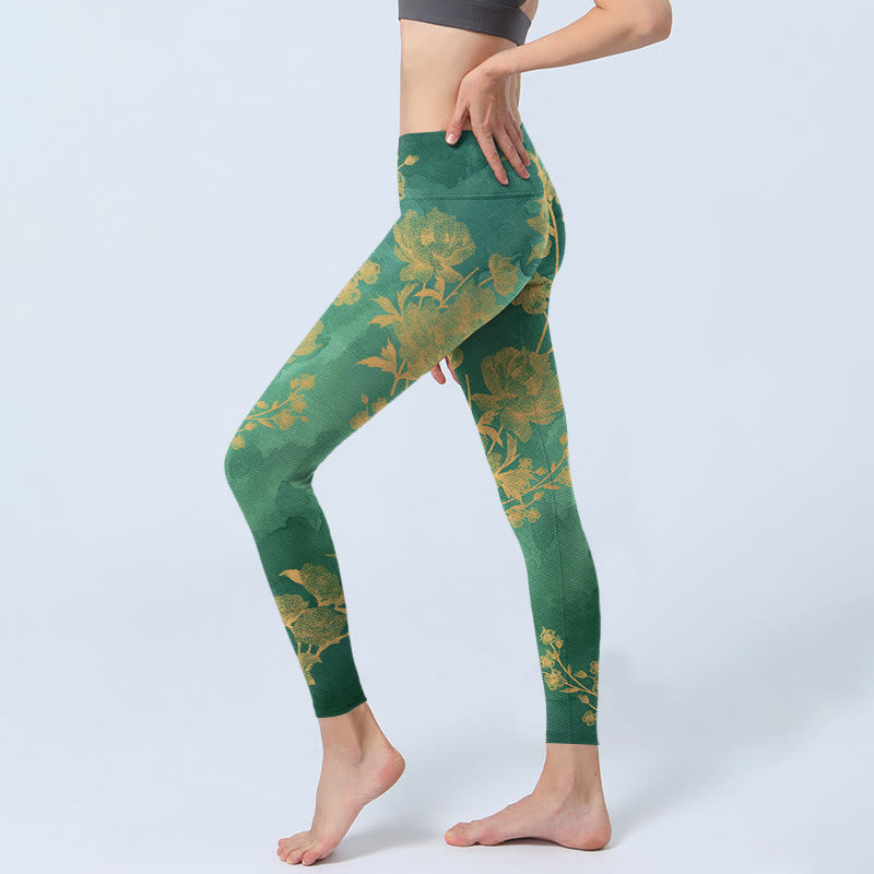 Buddha Stones, grüner Hintergrund, goldene Zweige, Pfingstrosen-Blumen, Musterdruck, Gym-Leggings für Damen, Yoga-Hose - image 3