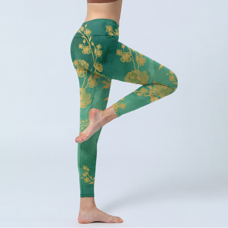 Buddha Stones, grüner Hintergrund, goldene Zweige, Pfingstrosen-Blumen, Musterdruck, Gym-Leggings für Damen, Yoga-Hose - image 3