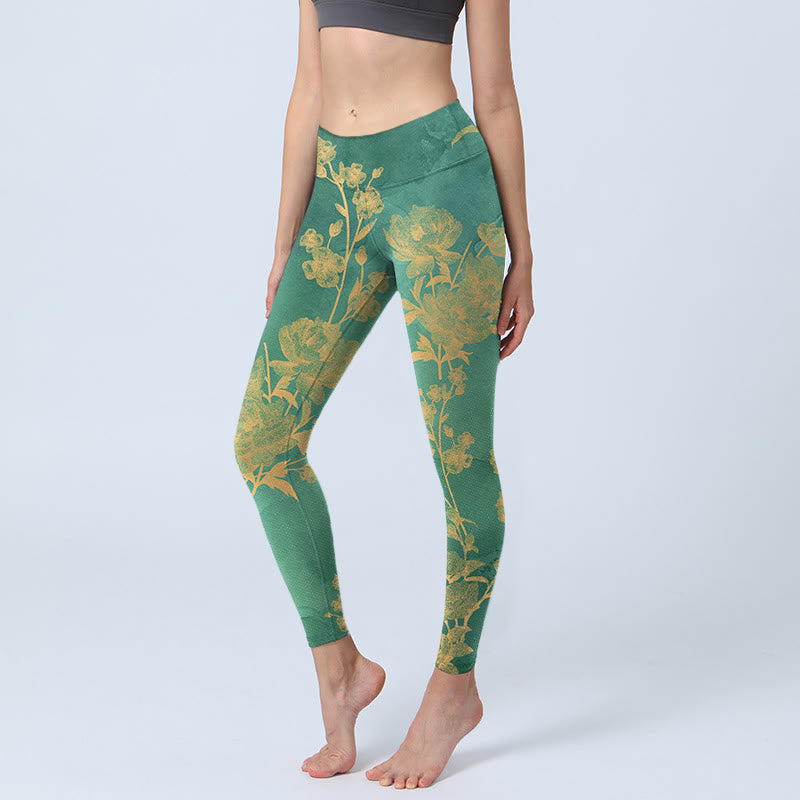 Buddha Stones, grüner Hintergrund, goldene Zweige, Pfingstrosen-Blumen, Musterdruck, Gym-Leggings für Damen, Yoga-Hose - MittelMeergrün - US18， UK/AU22，EU50 (4XL) - image 1
