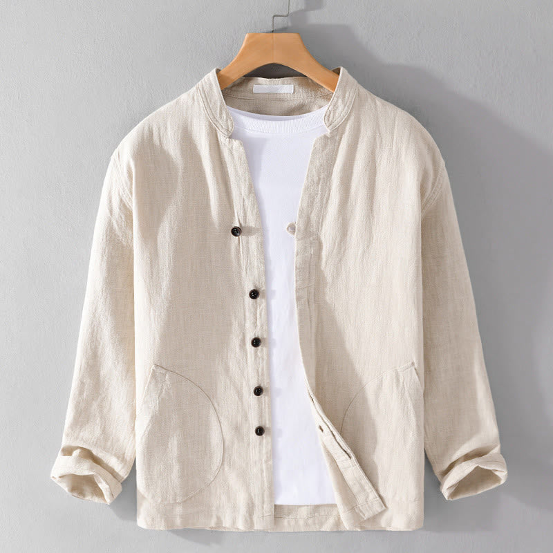 Buddha Stones Spring Daily Simple Buttons Design Stehkragen Herren Langarm Baumwoll-Leinenhemd mit Taschen - Beige - US/UK/AU42, EU52 (3XL) - image 0