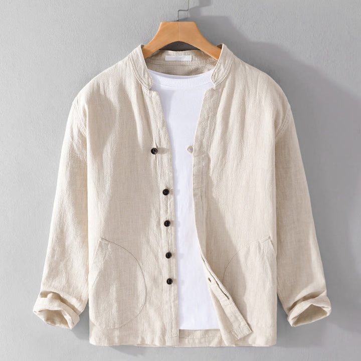Buddha Stones Spring Daily Simple Buttons Design Stehkragen Herren Langarm Baumwoll-Leinenhemd mit Taschen - Beige - US/UK/AU42, EU52 (3XL) - image 0