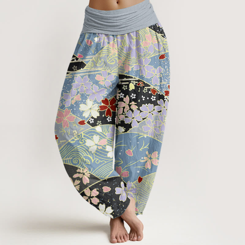 Buddha Stones , bunte Blumen, fächerförmiges Musterdesign, Haremshose für Damen mit elastischer Taille - HellCyan - US22， UK/AU26，EU54 (6XL) - image 5