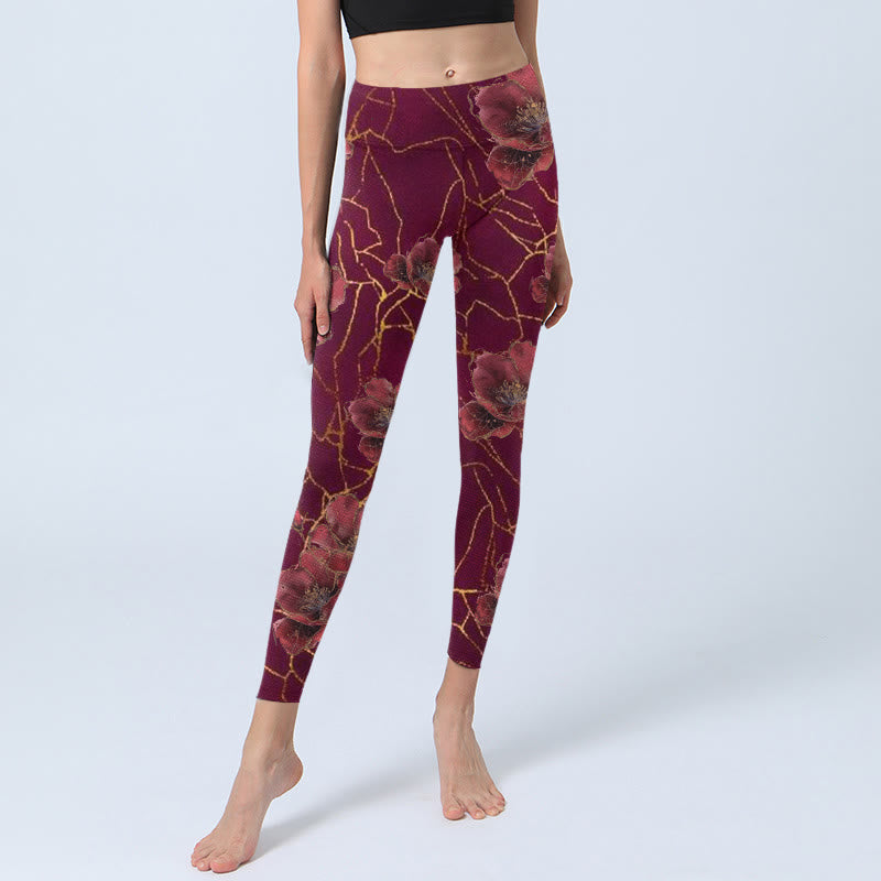 Buddha Stones, rote Blütenblätter, goldene Linien, Musterdruck, Gym-Leggings, Damen-Yogahose - image 6