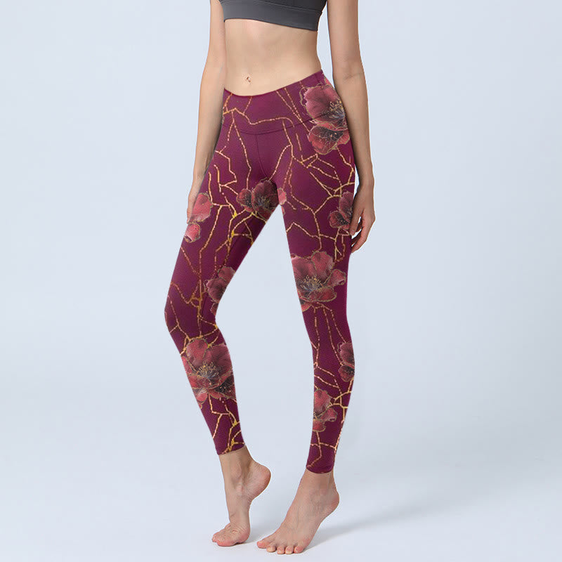 Buddha Stones, rote Blütenblätter, goldene Linien, Musterdruck, Gym-Leggings, Damen-Yogahose - IndianRed - US18， UK/AU22，EU50 (4XL) - image 1