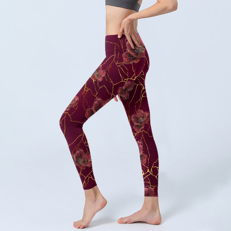 Buddha Stones, rote Blütenblätter, goldene Linien, Musterdruck, Gym-Leggings, Damen-Yogahose - image 2