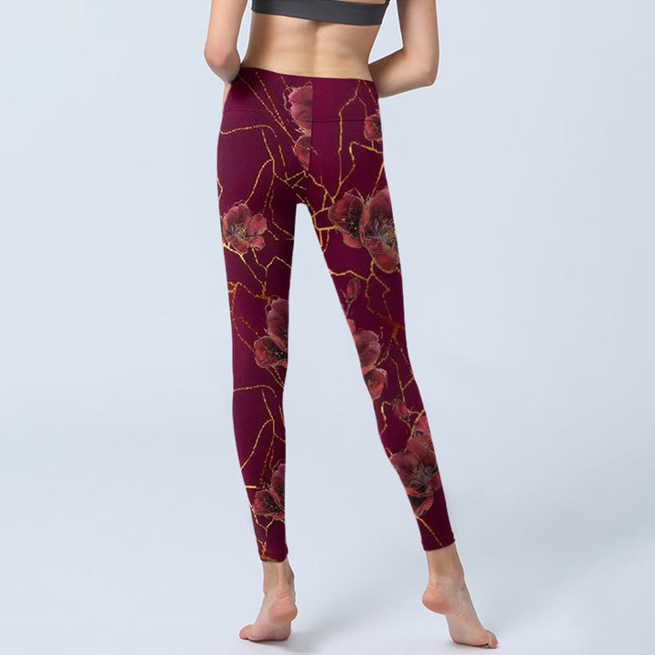Buddha Stones, rote Blütenblätter, goldene Linien, Musterdruck, Gym-Leggings, Damen-Yogahose - image 7