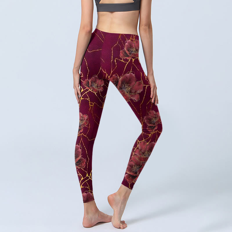Buddha Stones, rote Blütenblätter, goldene Linien, Musterdruck, Gym-Leggings, Damen-Yogahose - image 4