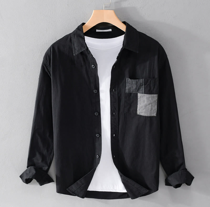 Buddha Stones Spring Daily Line Patchwork-Design Revers Herren Langarmhemd aus Baumwolle und Leinen mit Taschen - Schwarz - US/ UK/AU42，EU52 (3XL) - image 15