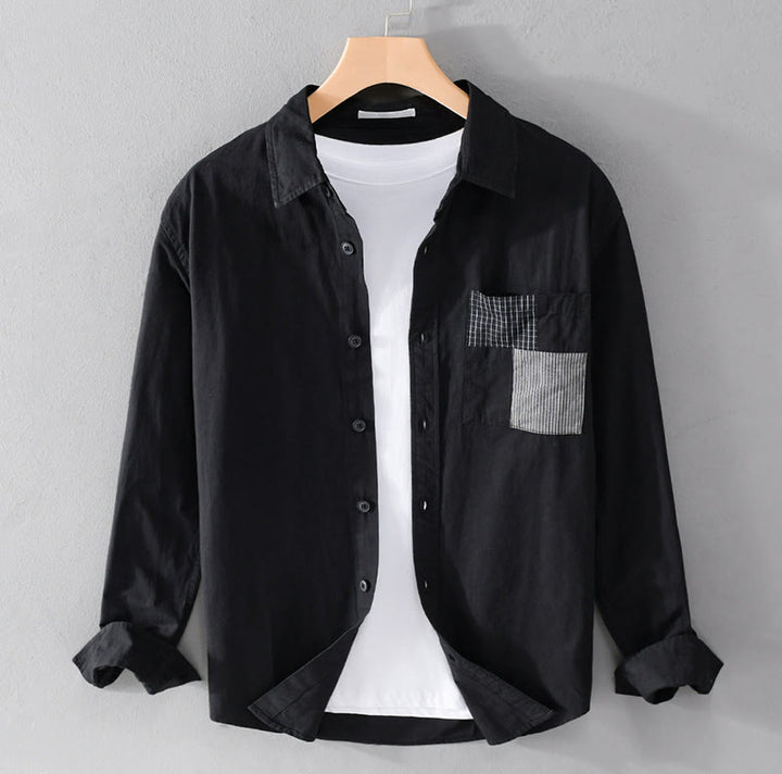 Buddha Stones Spring Daily Line Patchwork-Design Revers Herren Langarmhemd aus Baumwolle und Leinen mit Taschen - Schwarz - US/ UK/AU42，EU52 (3XL) - image 15