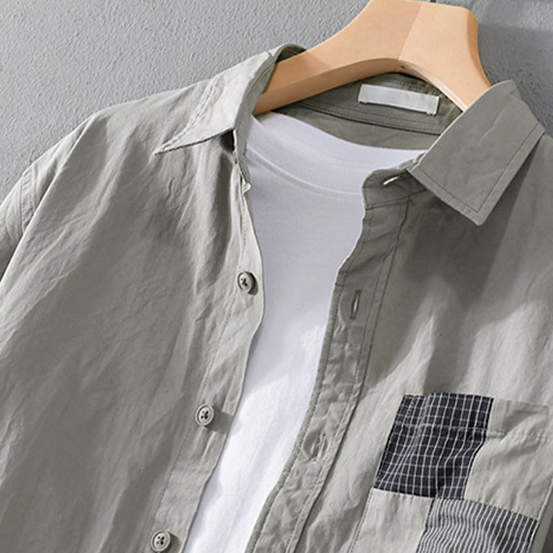 Buddha Stones Spring Daily Line Patchwork-Design Revers Herren Langarmhemd aus Baumwolle und Leinen mit Taschen - image 1