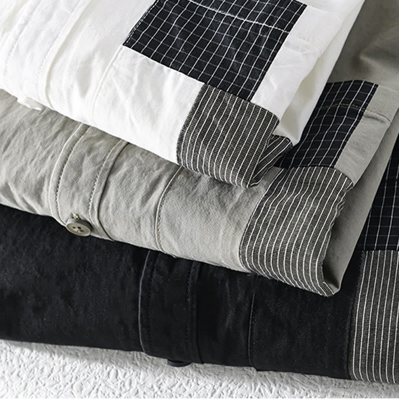 Buddha Stones Spring Daily Line Patchwork-Design Revers Herren Langarmhemd aus Baumwolle und Leinen mit Taschen - image 25