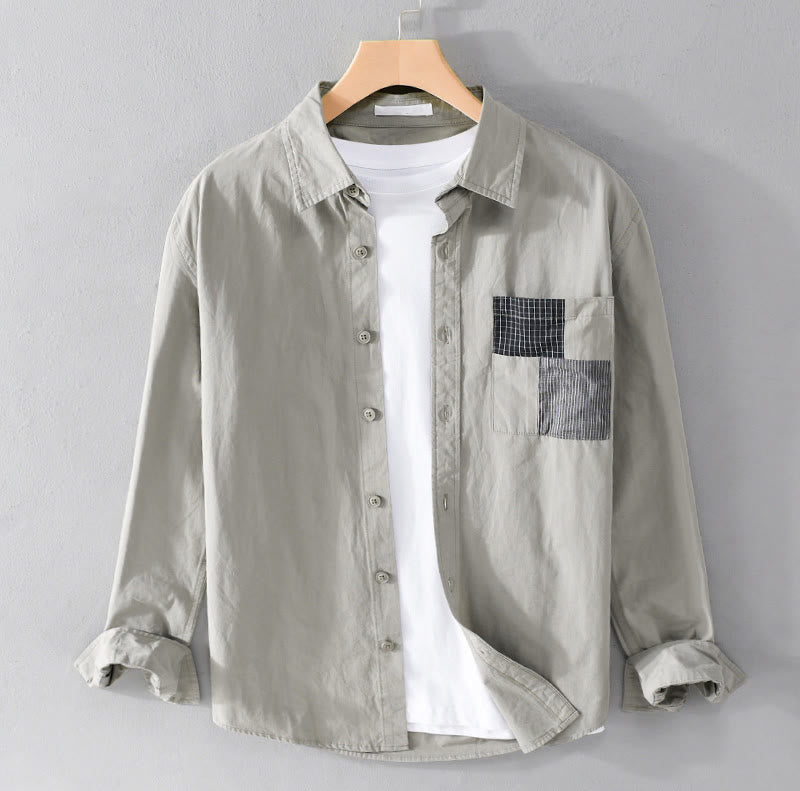 Buddha Stones Spring Daily Line Patchwork-Design Revers Herren Langarmhemd aus Baumwolle und Leinen mit Taschen - DunkelMeergrün - US/ UK/AU42，EU52 (3XL) - image 0