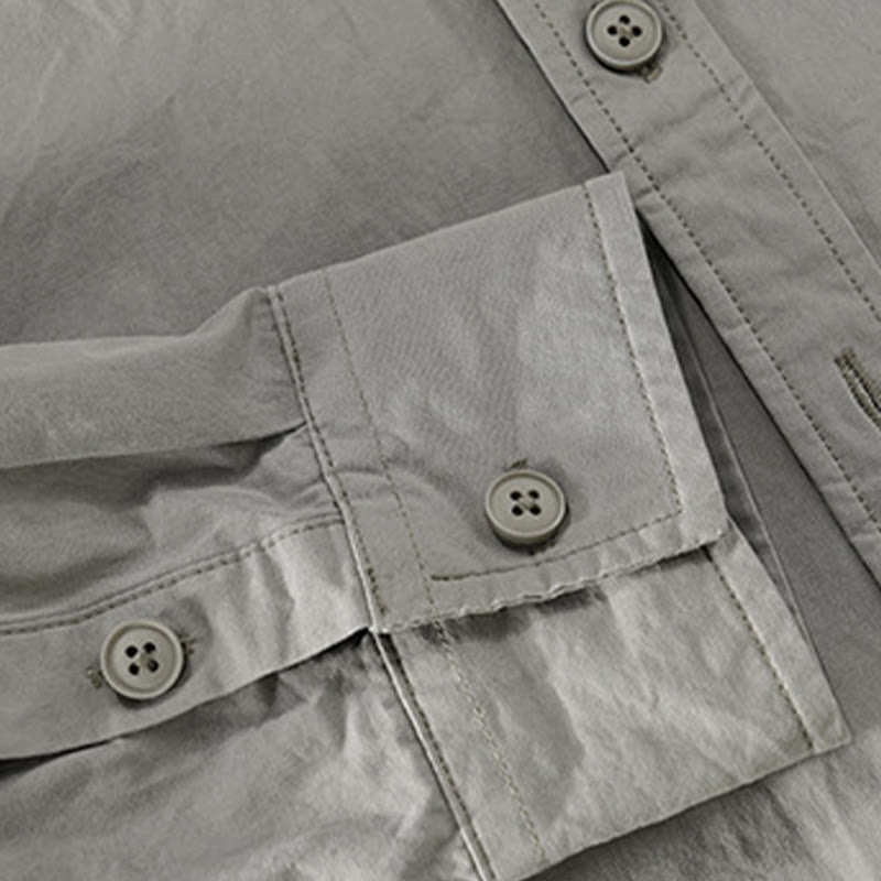 Buddha Stones Spring Daily Line Patchwork-Design Revers Herren Langarmhemd aus Baumwolle und Leinen mit Taschen - image 4