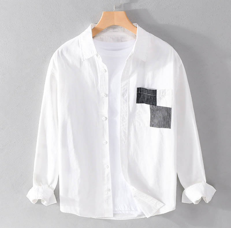 Buddha Stones Spring Daily Line Patchwork-Design Revers Herren Langarmhemd aus Baumwolle und Leinen mit Taschen - Weiß - US/ UK/AU42，EU52 (3XL) - image 7