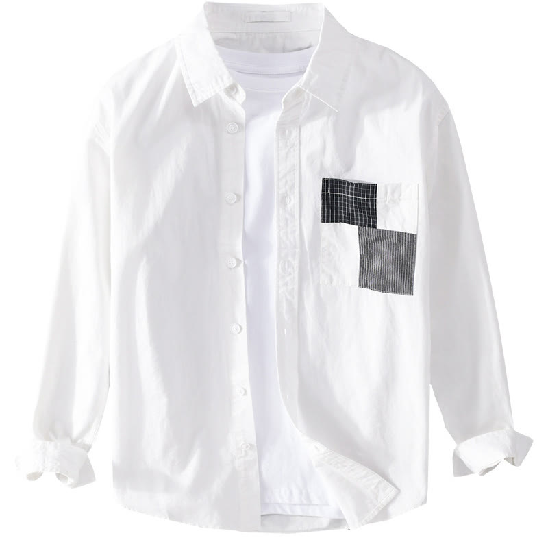 Buddha Stones Spring Daily Line Patchwork-Design Revers Herren Langarmhemd aus Baumwolle und Leinen mit Taschen - image 14
