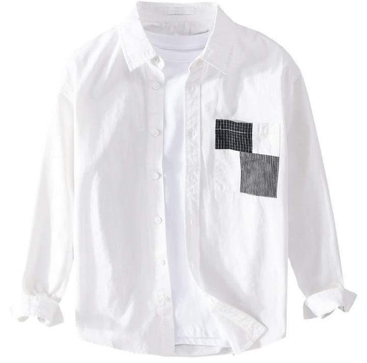 Buddha Stones Spring Daily Line Patchwork-Design Revers Herren Langarmhemd aus Baumwolle und Leinen mit Taschen - image 14