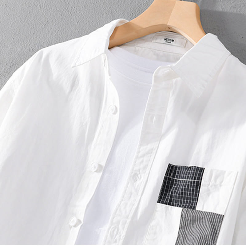 Buddha Stones Spring Daily Line Patchwork-Design Revers Herren Langarmhemd aus Baumwolle und Leinen mit Taschen - image 9