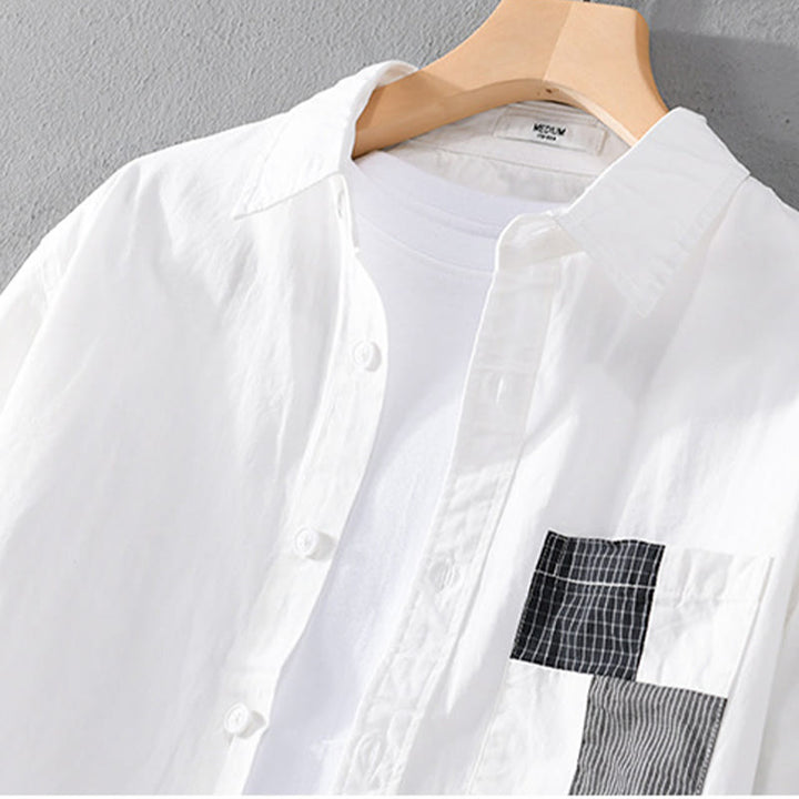 Buddha Stones Spring Daily Line Patchwork-Design Revers Herren Langarmhemd aus Baumwolle und Leinen mit Taschen - image 9