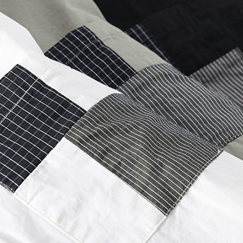 Buddha Stones Spring Daily Line Patchwork-Design Revers Herren Langarmhemd aus Baumwolle und Leinen mit Taschen - image 26