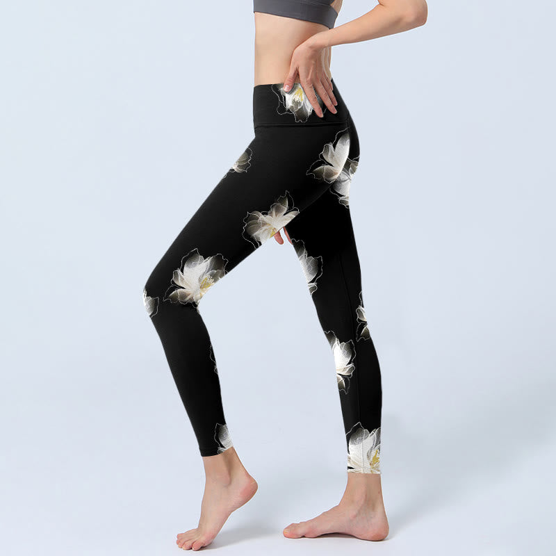 Buddha Stones Schwarz Weiß Lotus Blütenblätter Muster Druck Gym Leggings frauen Yoga Hosen - image 3