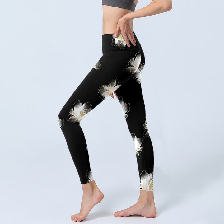Buddha Stones Schwarz Weiß Lotus Blütenblätter Muster Druck Gym Leggings frauen Yoga Hosen - image 3
