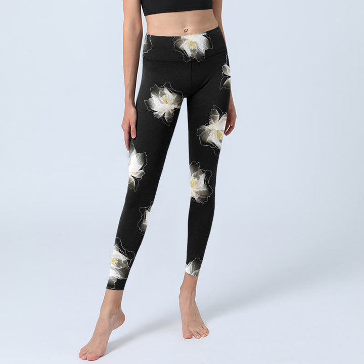 Buddha Stones Schwarz Weiß Lotus Blütenblätter Muster Druck Gym Leggings frauen Yoga Hosen - image 6