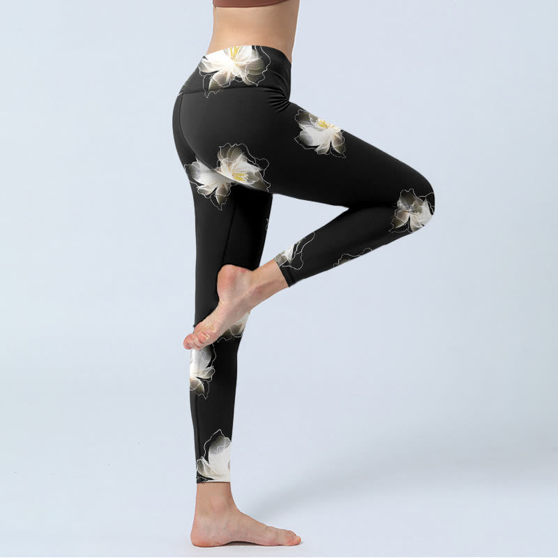 Buddha Stones Schwarz Weiß Lotus Blütenblätter Muster Druck Gym Leggings frauen Yoga Hosen - image 4