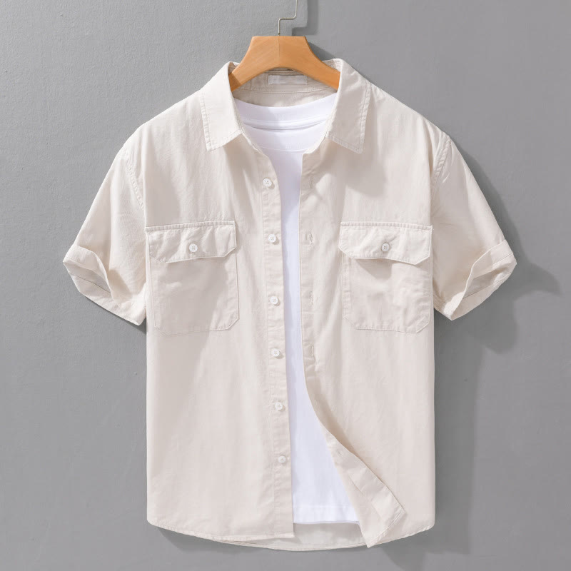 Buddha Stones Daily Pure Color Revers Herren Kurzarmhemd aus Baumwollleinen mit Taschen - Beige - US/ UK/AU42，EU52 (3XL) - image 0