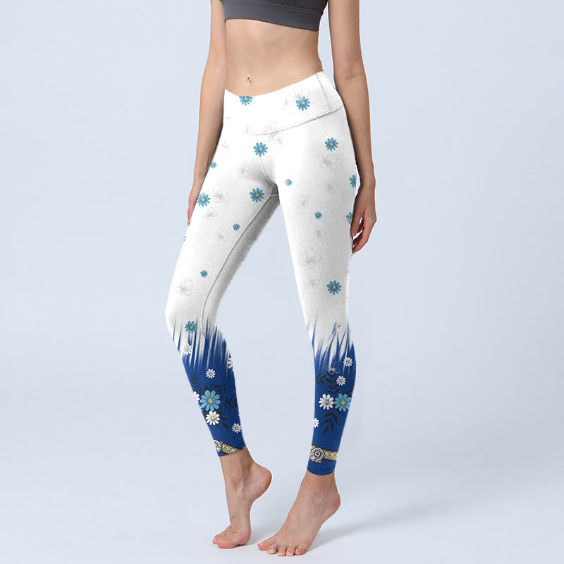 Buddha Stones, weiße Blumen, Grasblätter, Musterdruck, Gym-Leggings, Damen-Yogahose - Schnee - US18， UK/AU22，EU50 (4XL) - image 1