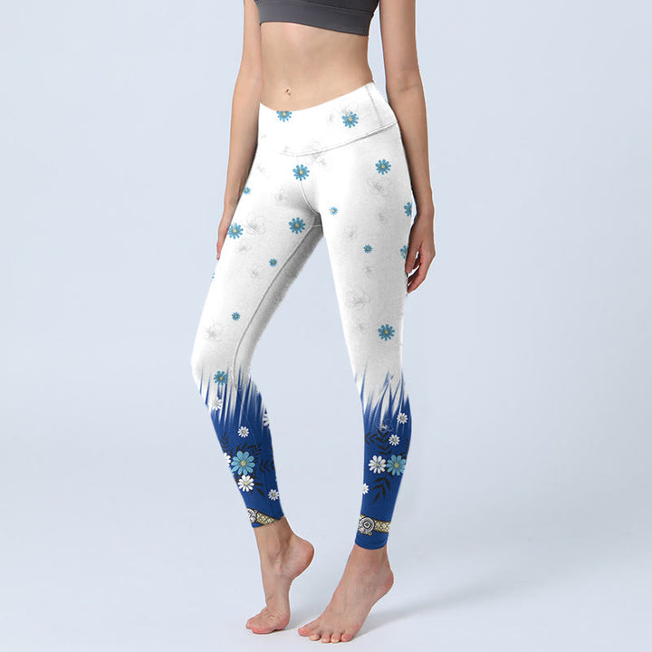 Buddha Stones, weiße Blumen, Grasblätter, Musterdruck, Gym-Leggings, Damen-Yogahose - Schnee - US18， UK/AU22，EU50 (4XL) - image 1