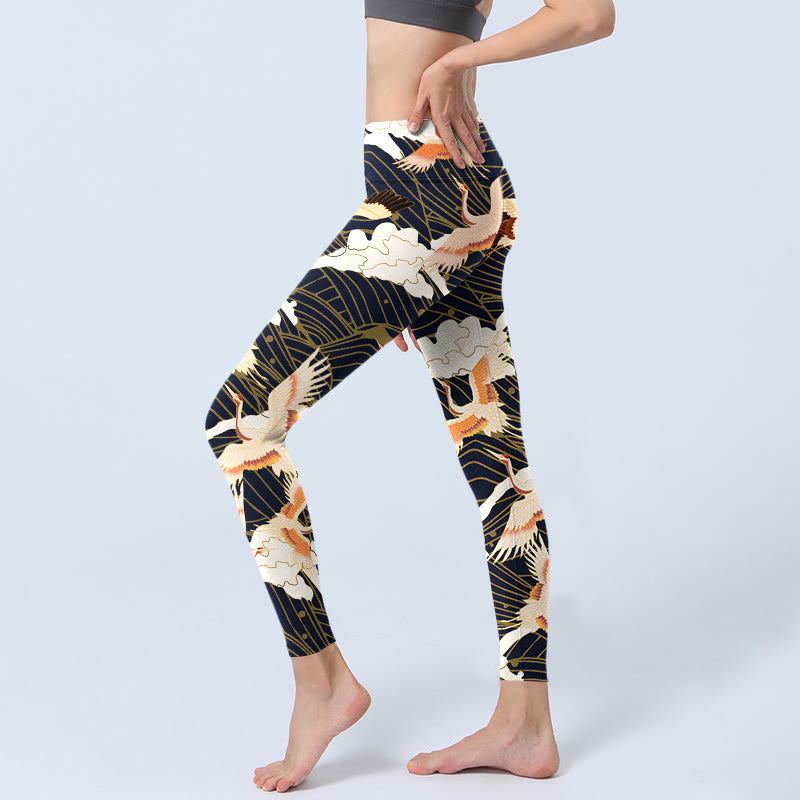 Buddha Stones, Mandschurenkraniche, Wolken, Meereswellenmuster, Druck, Fitnessstudio-Leggings, Damen-Yogahose - image 3