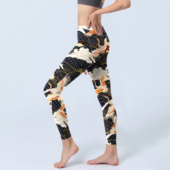 Buddha Stones, Mandschurenkraniche, Wolken, Meereswellenmuster, Druck, Fitnessstudio-Leggings, Damen-Yogahose - image 3